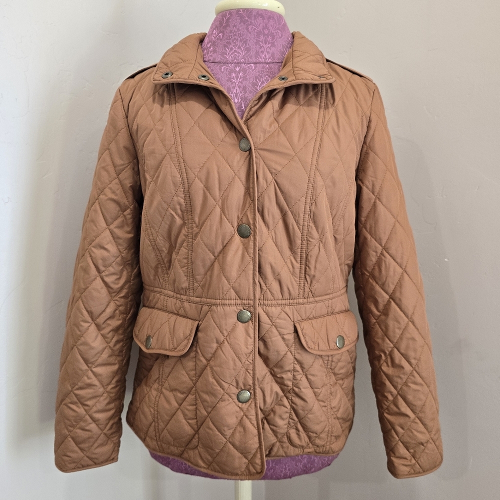 Talbots Diamond Quilted Jacket Size S Brown Button Snap Barn Chore Coat